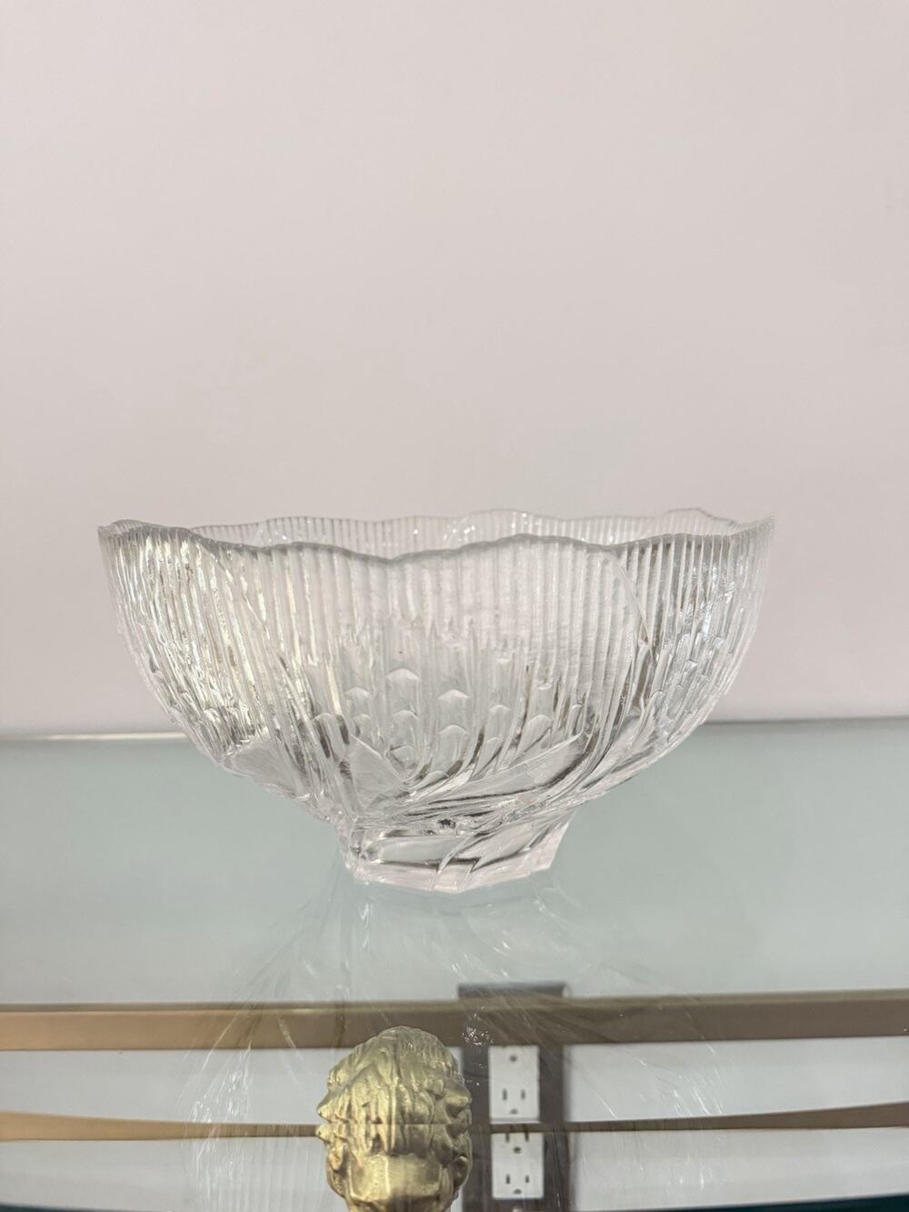 Vtg Lead Crystal Bowl Ribbed Leaf Cut Glass Swirl Pattern Mid Century Heavy